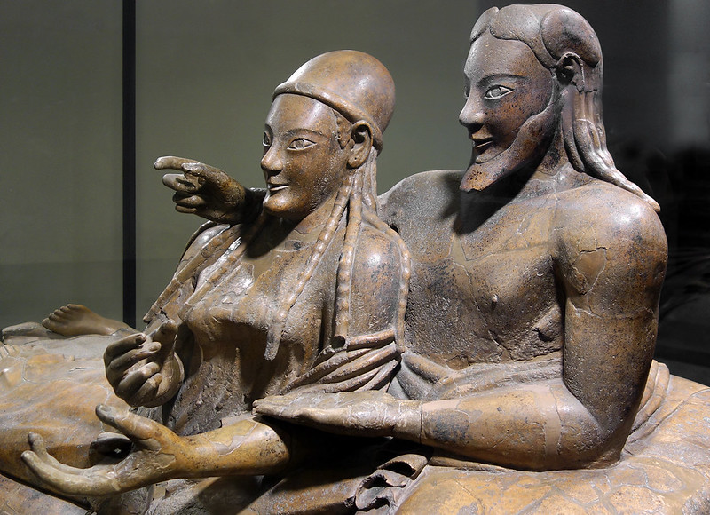Etruscan Artifacts Sarcophagus of the Spouses (Steven Zucker, CC BY-NC-SA 2.0) & Chimera of Arezzo (sailko CC-BY-SA 3.0)